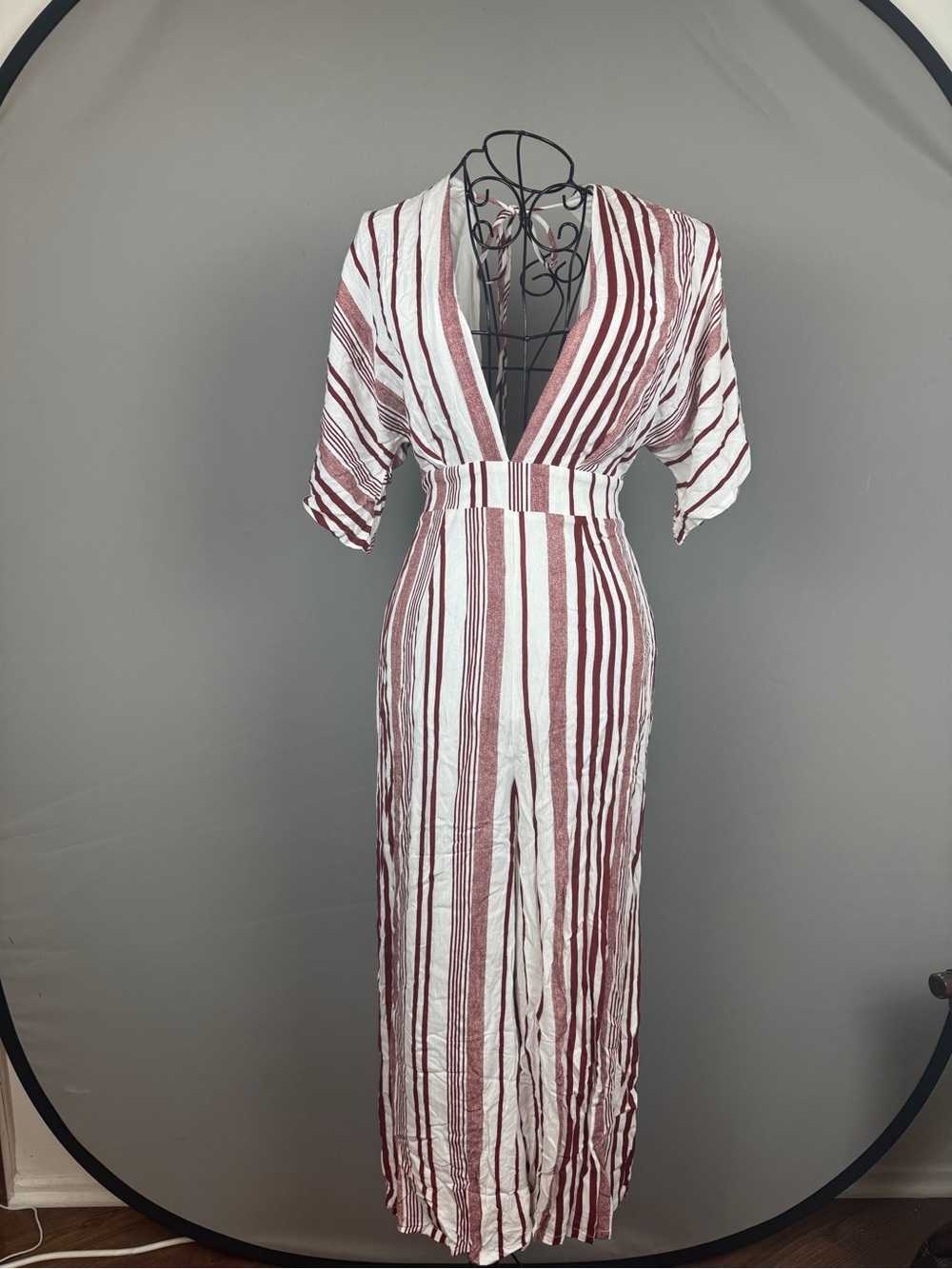 Lulu's Burgundy and White Striped V-Neck Maxi Dress